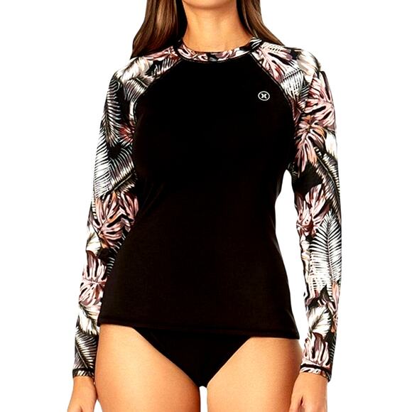 Hurley Women's UPF 50+ Long Sleeve Pull Over Rash Guard Black Tropical Palms S - Picture 1 of 9